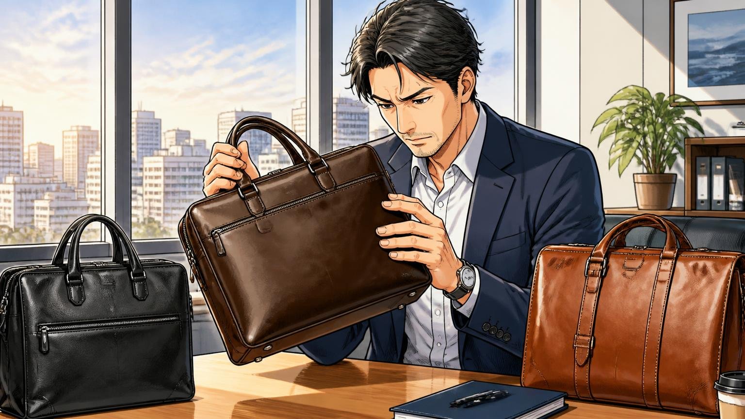 「大人の1本」を探す40代が、最後に見比べておきたい日本製の革バッグブランド3選、夕方のオフィスの窓際で落ち着いた革のビジネスバッグを手に取る40代男性の場面