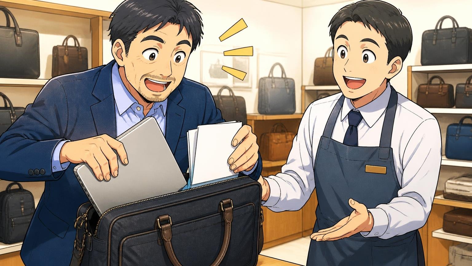 実物の重さとサイズ：PCとA4書類が入るか。鞄店の売り場でノートパソコンと書類をバッグに入れて試す40代男性と店員の2人