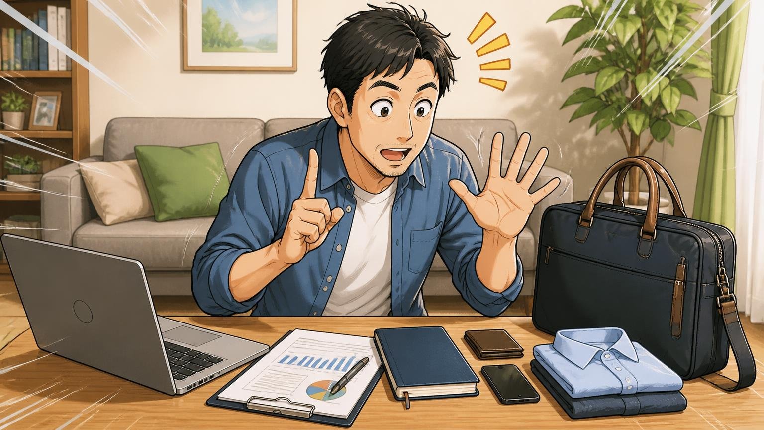 通勤・出張・休日のどれで使うかを先に決める 自宅のリビングでパソコンや書類をバッグの横に並べる場面 40代男性1人 指を折って数える