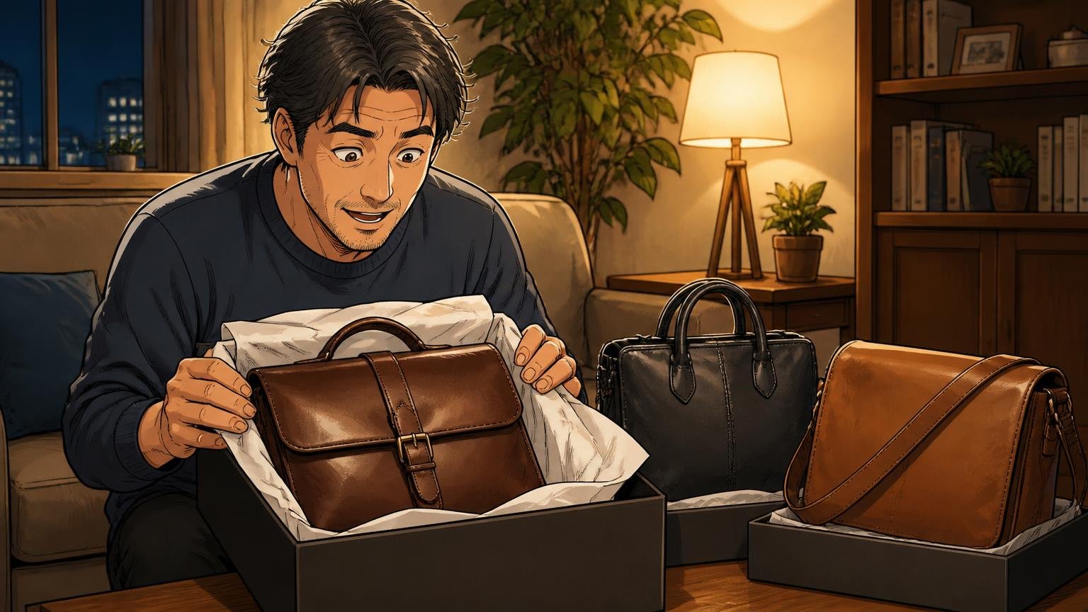 10年先も「持っていてよかった」と思える1本を、3つのブランドから比べてみる|夜のリビングで届いた革のバッグの箱を開ける場面、40代男性1人が見とれる