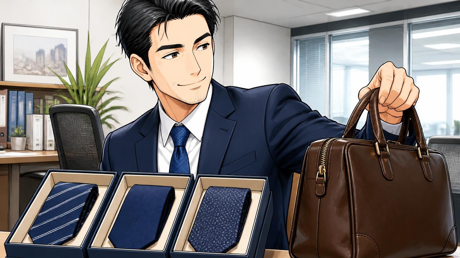 スーツの日の1本を探すなら、日本製の3ブランドを見比べてから、オフィスのデスク脇の革バッグを手に取るスーツの40代男性1人が微笑む場面