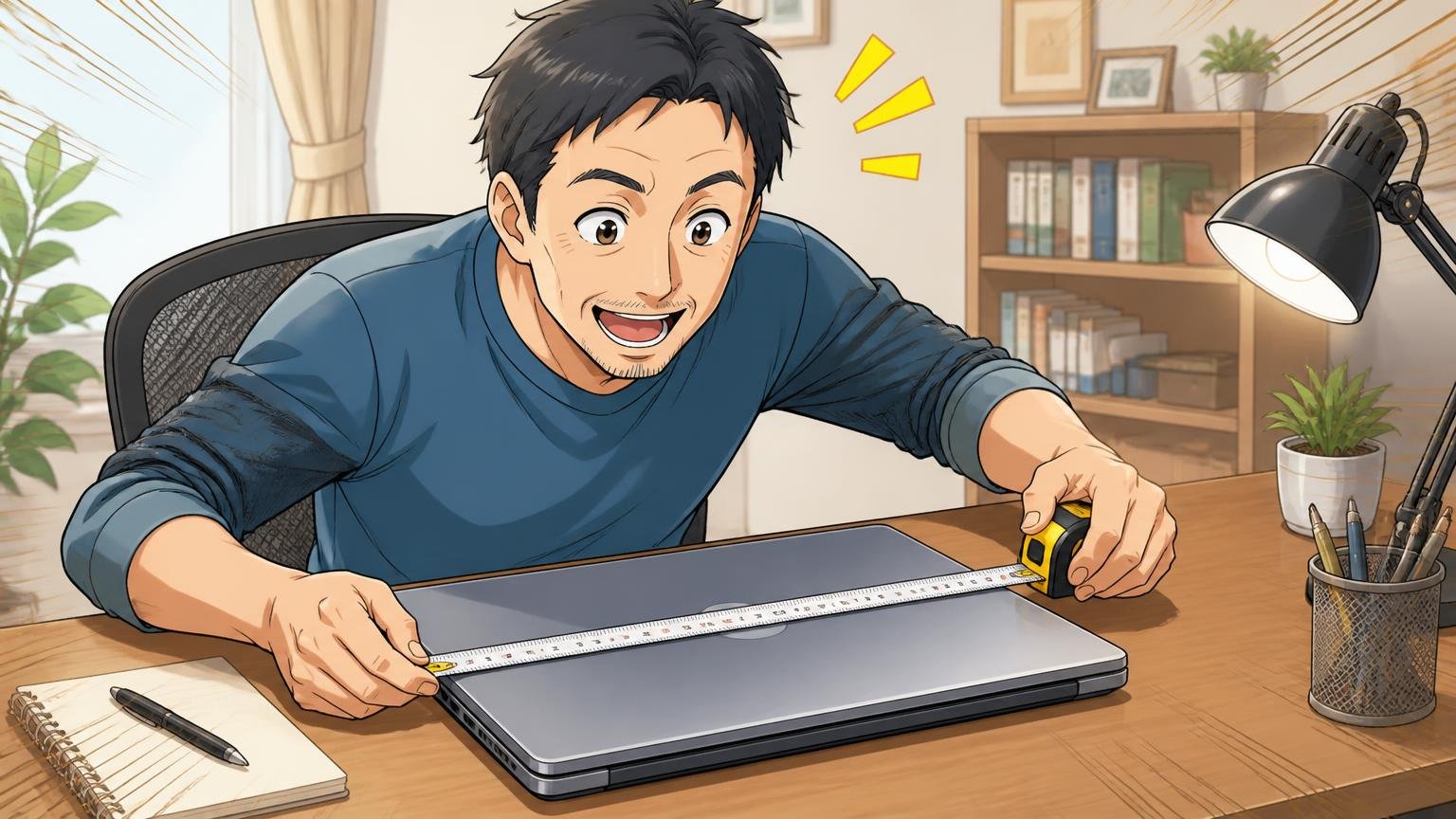 ステップ1|用途とPCのサイズを先に決める、自宅のデスクでノートPCのサイズを測る40代男性1人