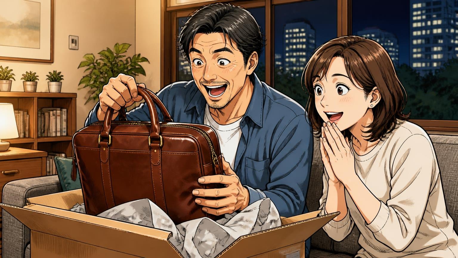 評判を調べ尽くした人が最終候補に残したい、日本製メンズ革バッグブランド3選 夜のリビングで届いた革バッグの箱を開けて笑顔になる40代男性と妻の2人