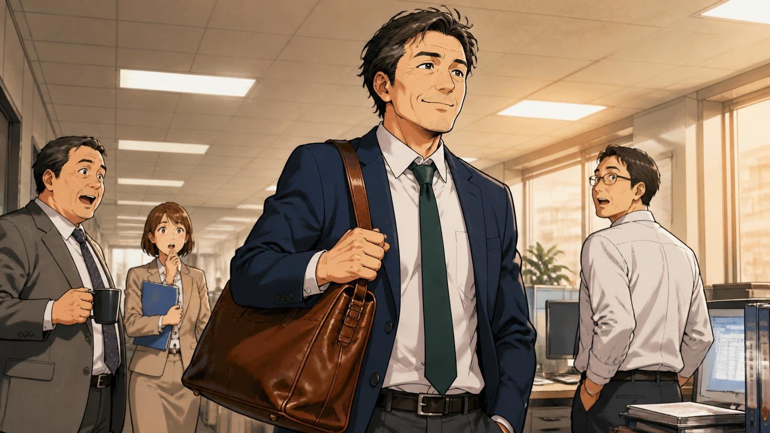 向いている人：10年単位で1本を育てたい、職場で浮きたくない40代　夕方のオフィスで40代男性が使い込んだ革バッグを肩に掛け誇らしげに歩く場面