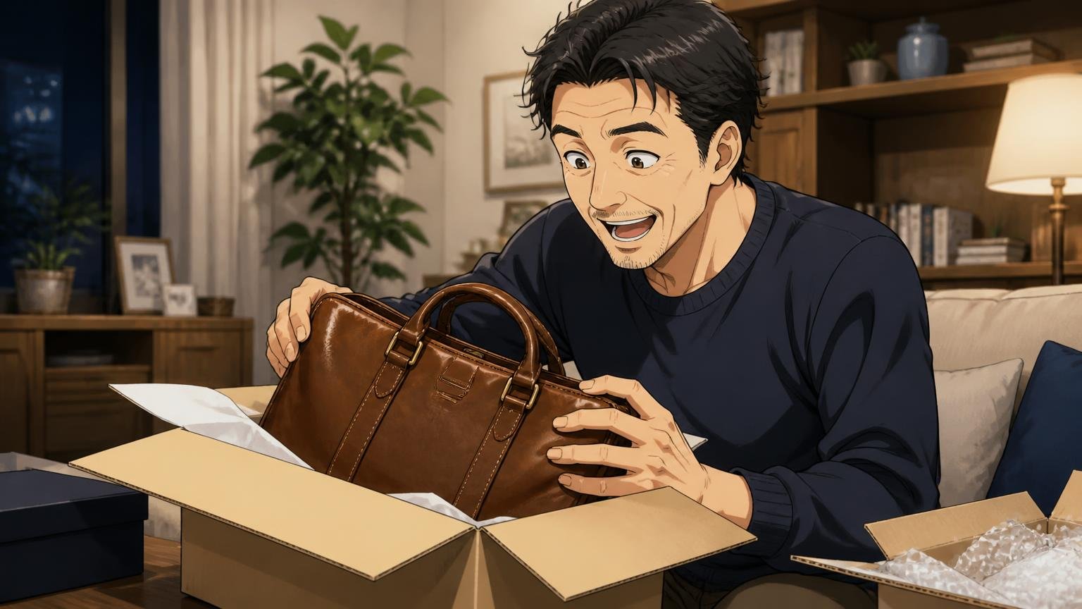 評判を調べ尽くした40代が、最後に見比べたい日本製メンズ革バッグブランド3選 夜のリビングで届いた革バッグの箱を開け、革の匂いに顔をほころばせる40代男性1人