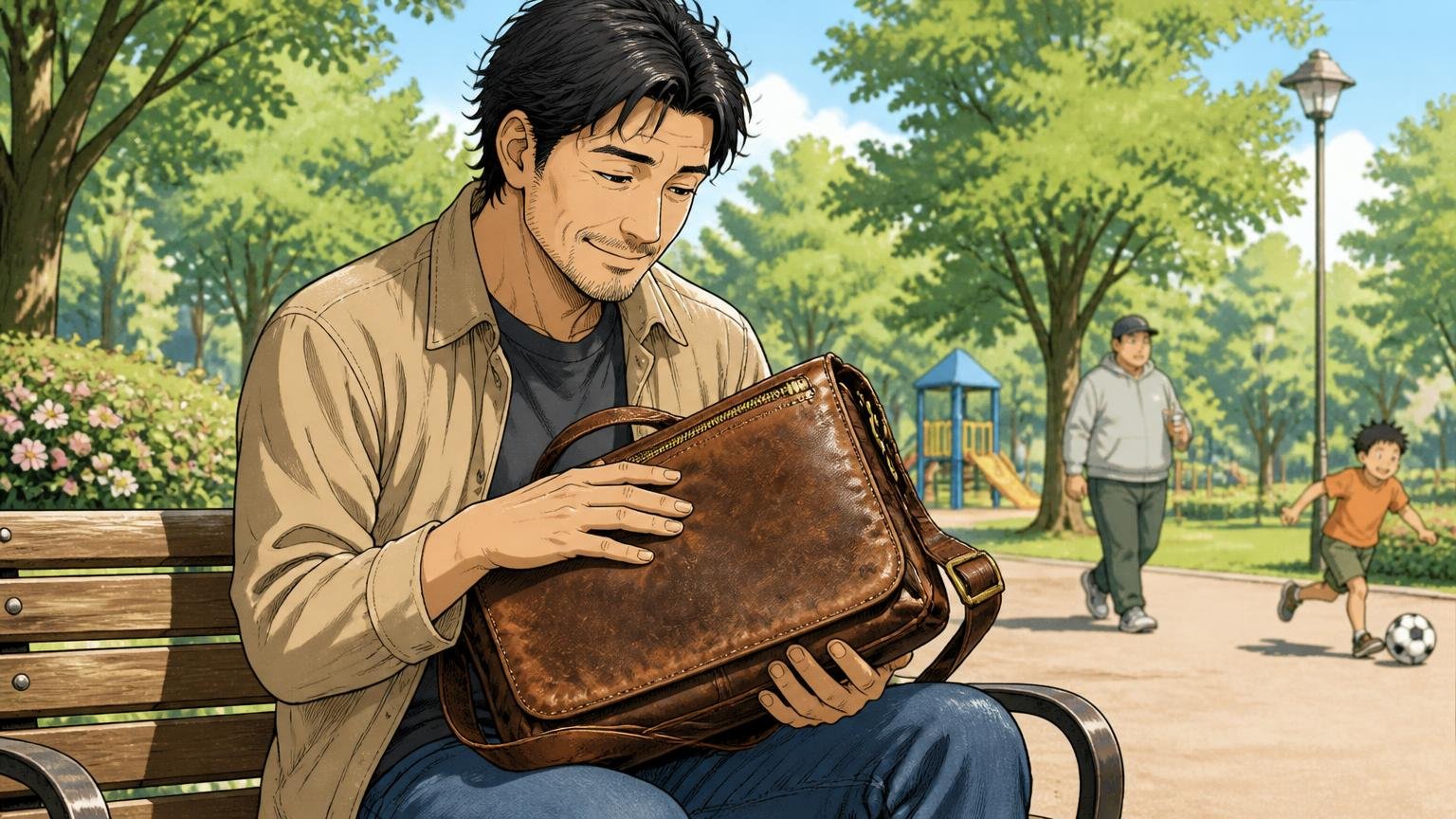 コルボのバッグが向いている人 休日の公園のベンチで使い込んだ革バッグを満足そうに撫でる40代男性1人