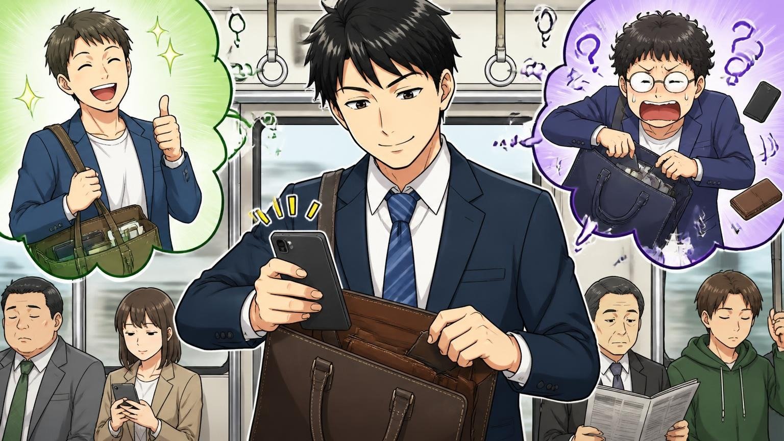 内ポケットの活用が向いている人・向いていない人、通勤電車の中で男性が革トートの内ポケットからスマホをさっと出す場面