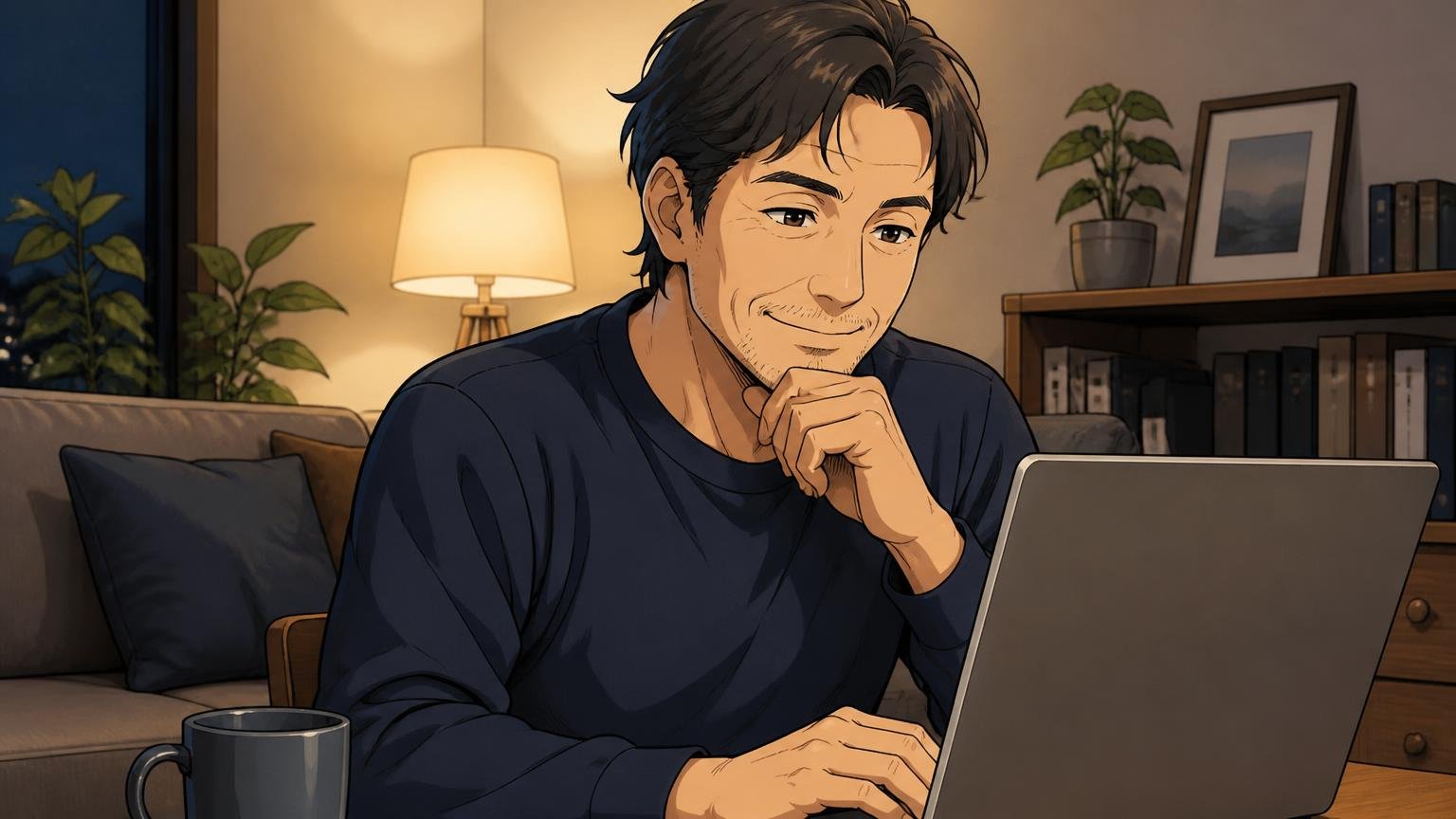 革の落ち着きを選ぶと決めた人が公式サイトで見比べたい日本製ブランド。夜のリビングでノートパソコンの公式サイトを見比べ、穏やかに微笑む40代男性1人
