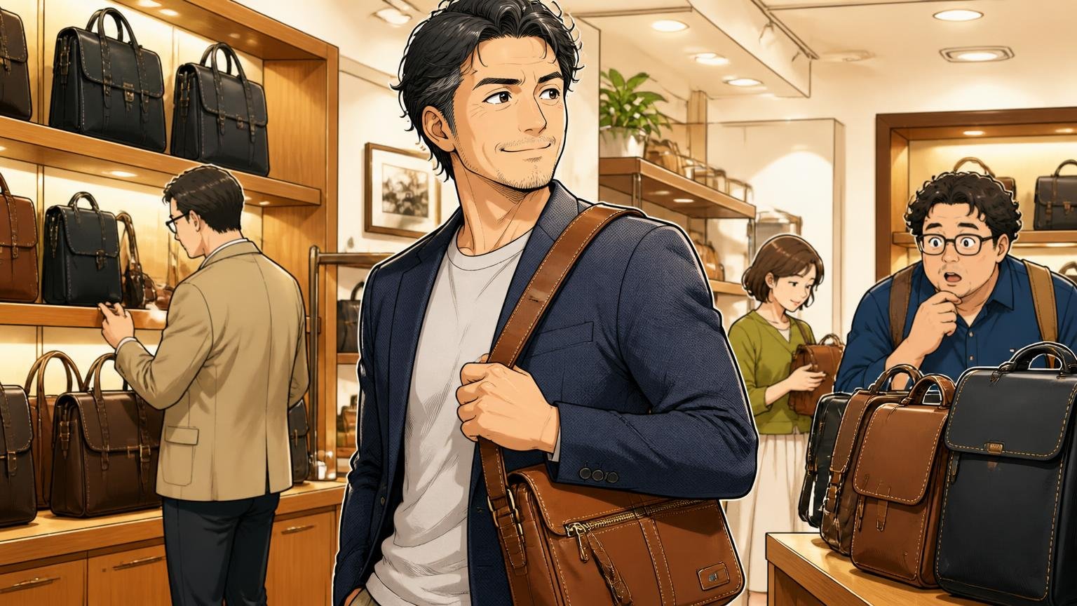 評判を調べ尽くした40代が最終候補に残したい、日本製のメンズ革バッグブランド3選　売り場で革のショルダーを肩に掛ける40代男性1人が満足げな場面
