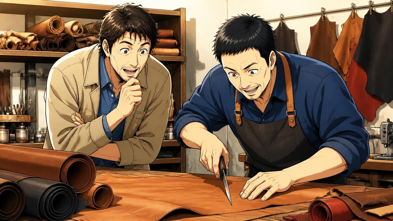 チェック1:革の種類と、誰がどこで仕立てたか、日本の工房で職人が革を裁断する様子を見学する40代男性と職人の2人