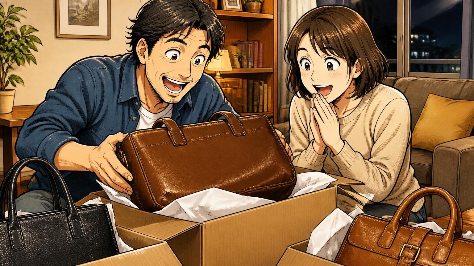 評判を調べ尽くした40代が最終候補に残したい、日本製の革バッグブランド3選 夜のリビングで届いた革の鞄の箱を開け笑顔になる40代夫婦2人