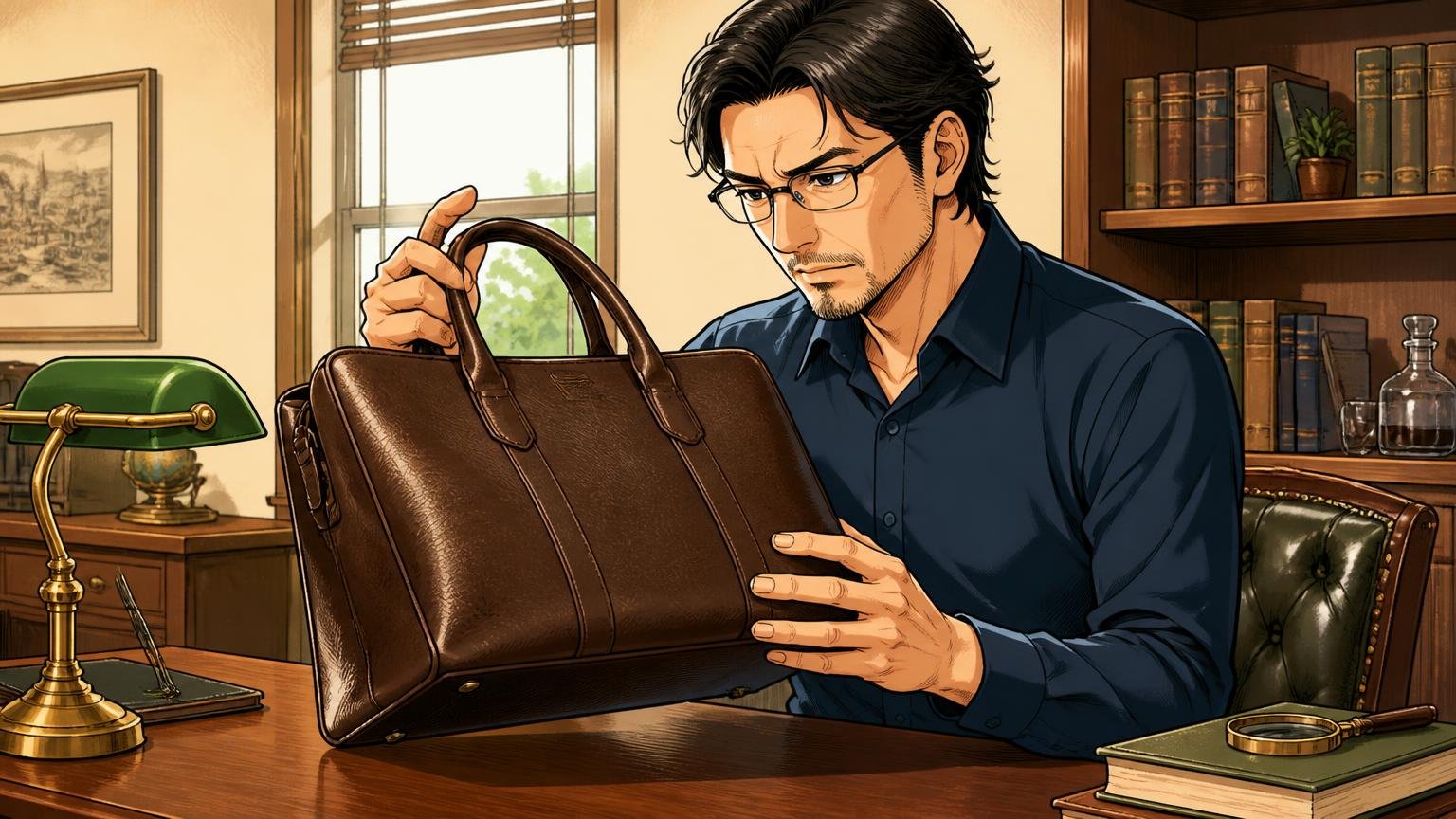 判断軸①ロゴやリボンで主張せず、素材と形で語るデザインか 落ち着いた書斎の机でロゴのない革のビジネスバッグを手に取り質感を確かめる40代男性1人