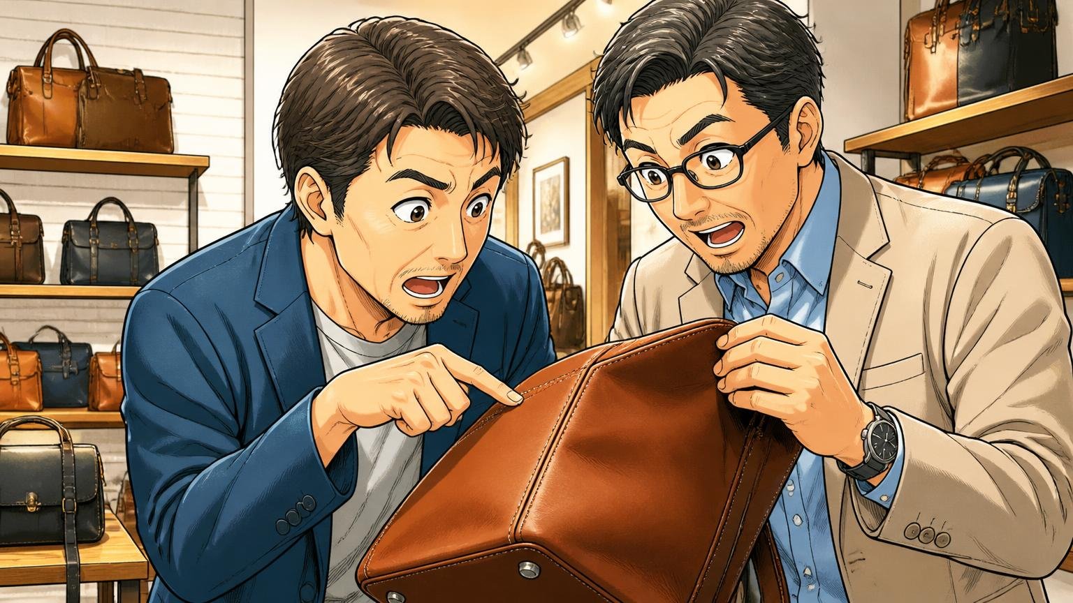 比べるときの4つの判断軸（革の面積・生産国・縫製・修理） 革バッグのショールームで店員と一緒に縫い目を確かめる40代男性2人