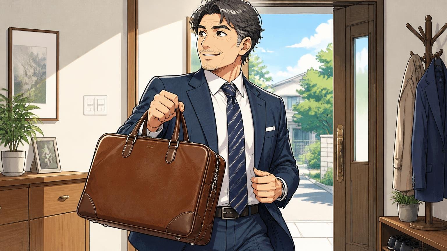 年齢相応の1本を探す40代へ、日本製メンズ革バッグブランド3選 朝の玄関で40代男性が新しい革のビジネスバッグを手に取り誇らしげに出かける場面