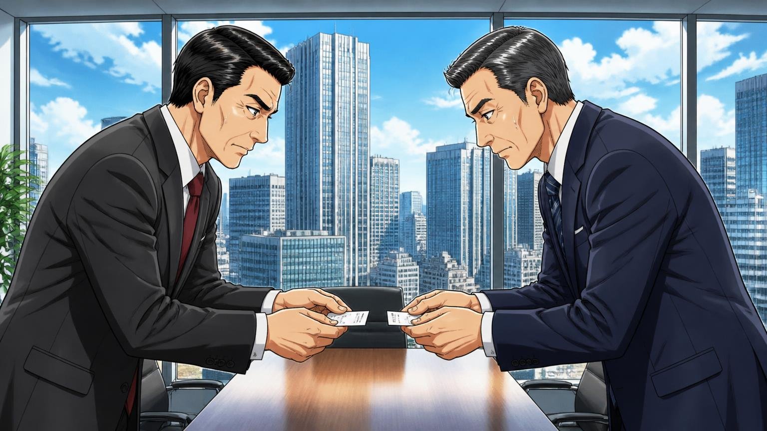 40代らしい落ち着きと品格を出したい人。高層ビルの会議室で初対面の相手と名刺交換をする40代男性2人が緊張した面持ち