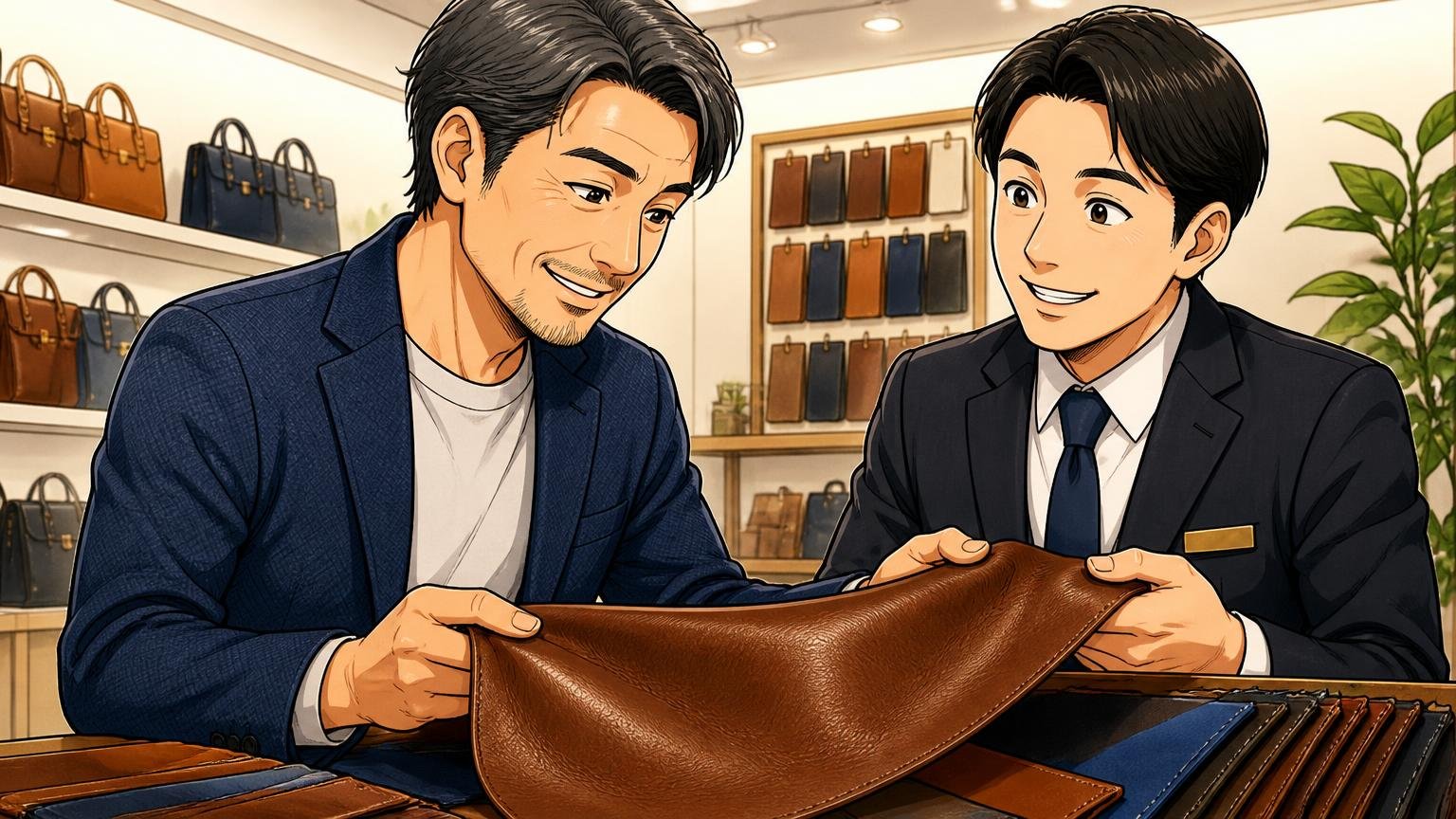 10年先も胸を張れる仕事の1本を選びたい40代へ ショールームで店員と革の質感を確かめる場面 40代男性と店員の2人が笑顔でうなずく