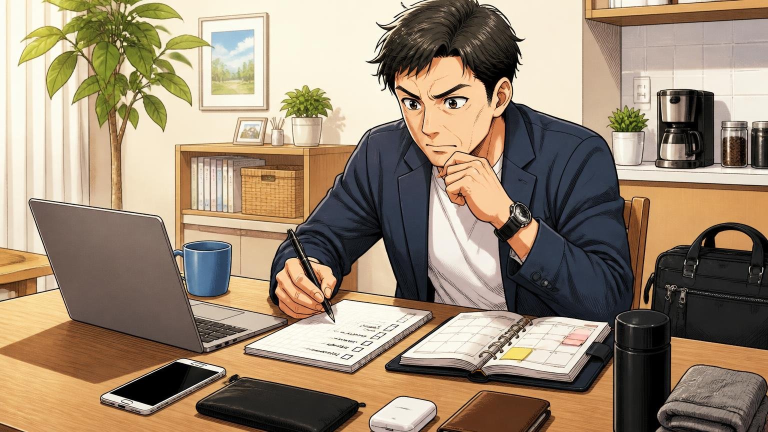 ステップ1｜用途（通勤・商談・休日）と、毎日入れる物を書き出す 朝のダイニングテーブルで、ノートPCや手帳を並べてメモを取る40代男性1人