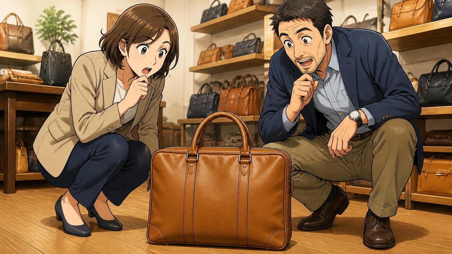 柔らかい革でも“自立する設計”の日本製バッグはある、革製品の店で柔らかい革のブリーフケースを床に置き、30代の女性と40代の男性が感心した表情で見つめる場面