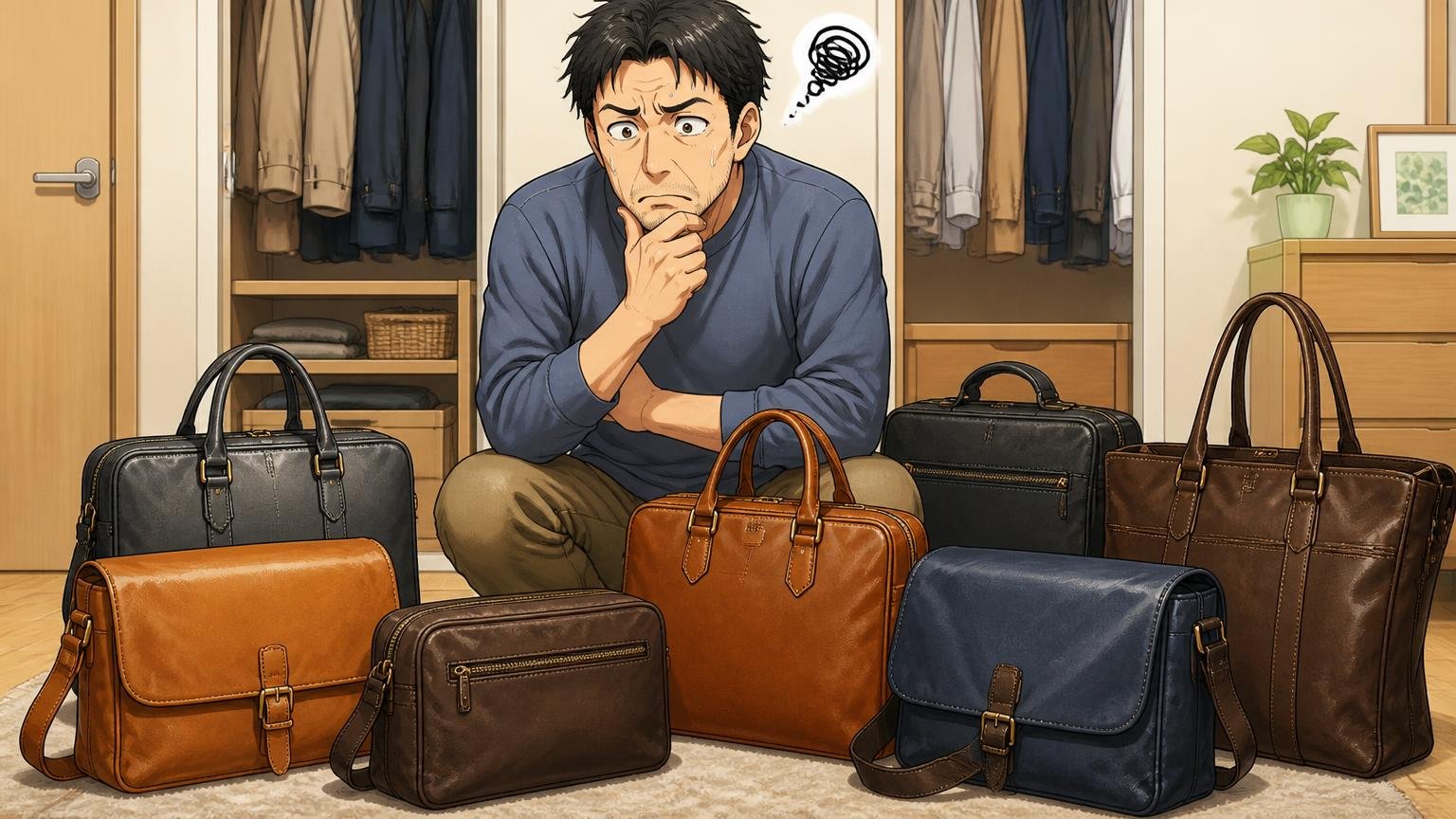 バリーが向いていない40代 自宅のクローゼットの前で複数の革バッグを並べて悩む男性