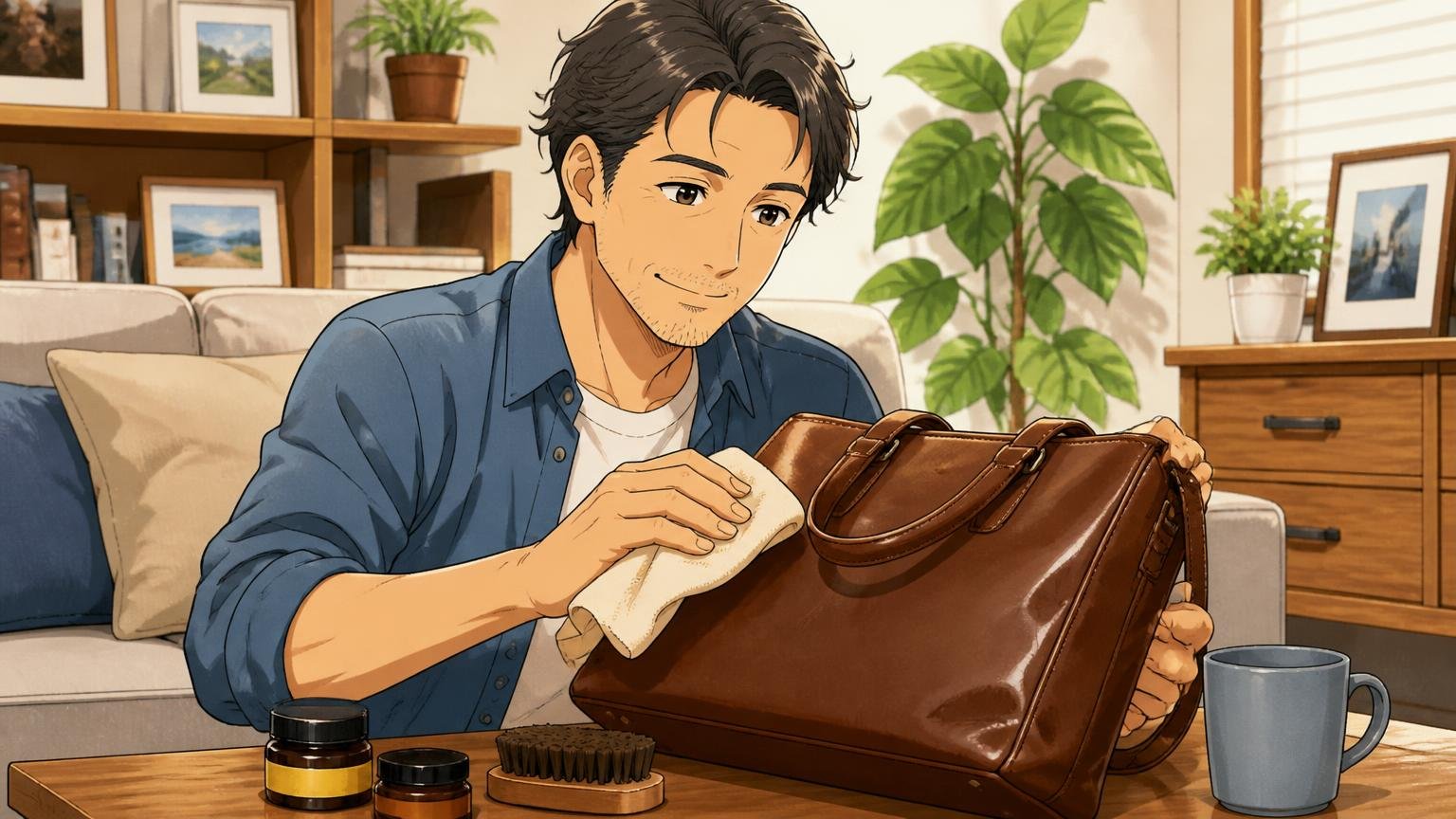 本革の手入れは面倒？実は月1回で十分。休日のリビングで革バッグを柔らかい布で拭きながら微笑む40代男性1人の場面