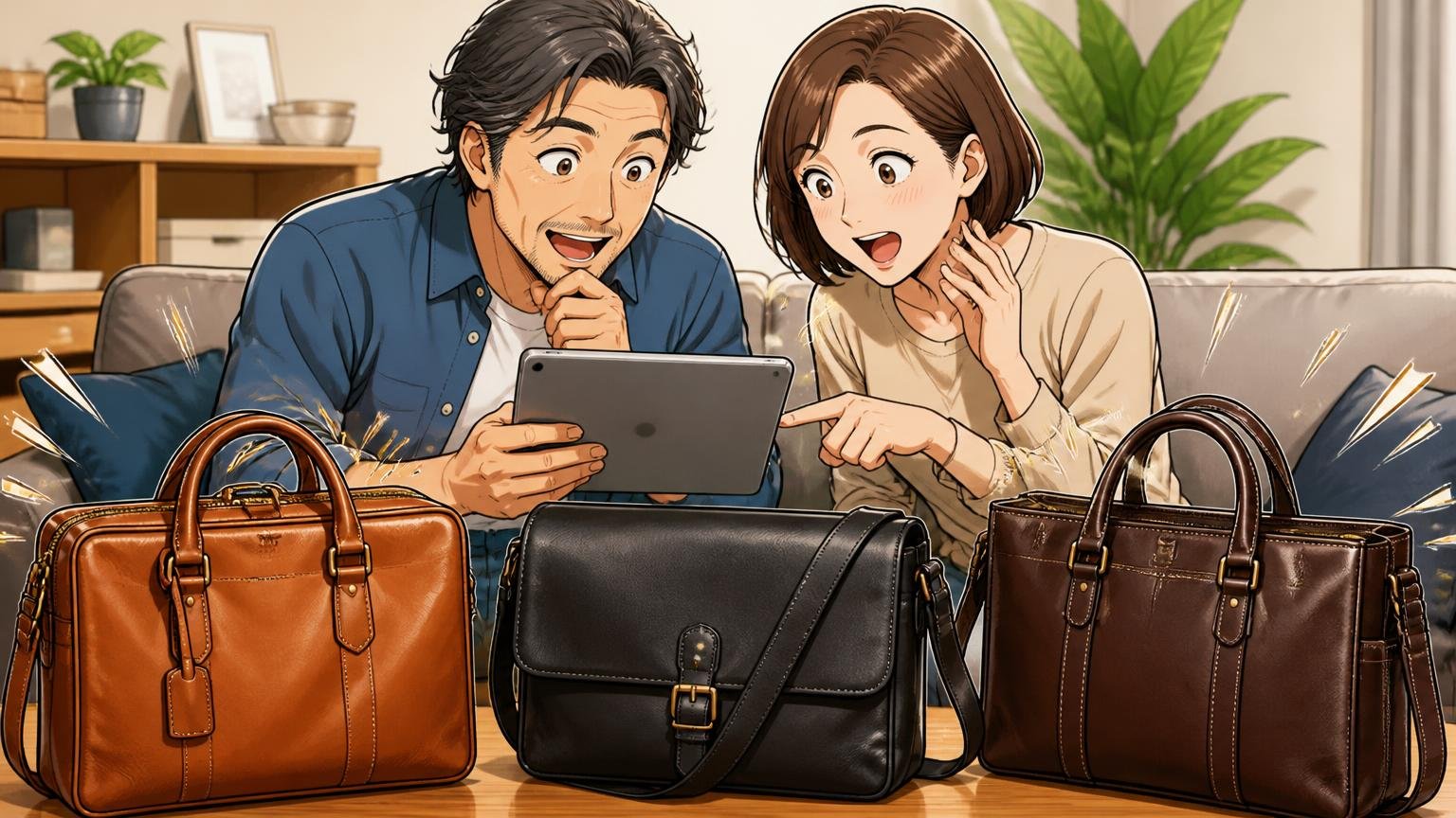 評判を調べ尽くした40代が比較候補に入れたい、日本製のメンズ革バッグブランド3選、自宅のソファで3つの革バッグ候補をタブレットで見比べる夫婦2人