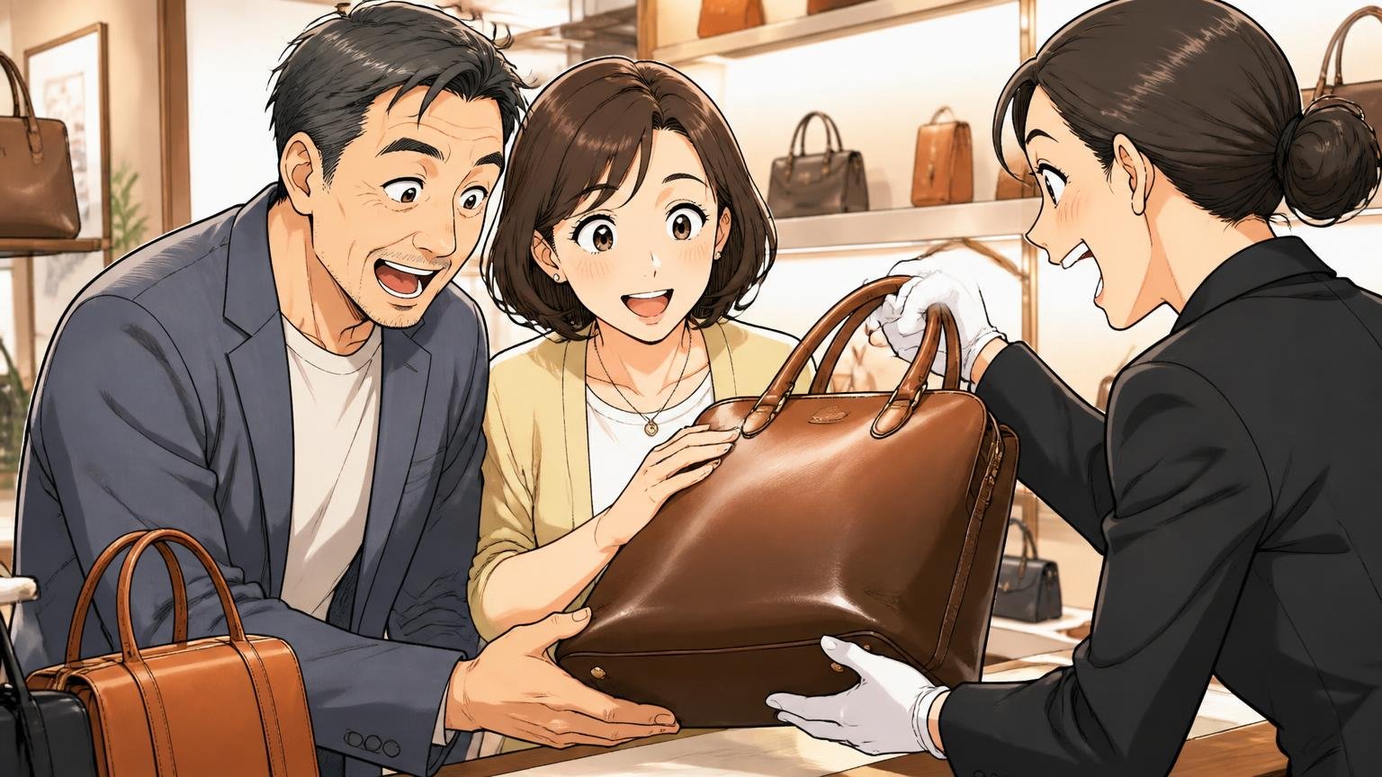 修理やショールームで「買った後」まで確かめられるかショールームで店員と一緒に革バッグの艶と重さを確かめる40代夫婦2人の場面