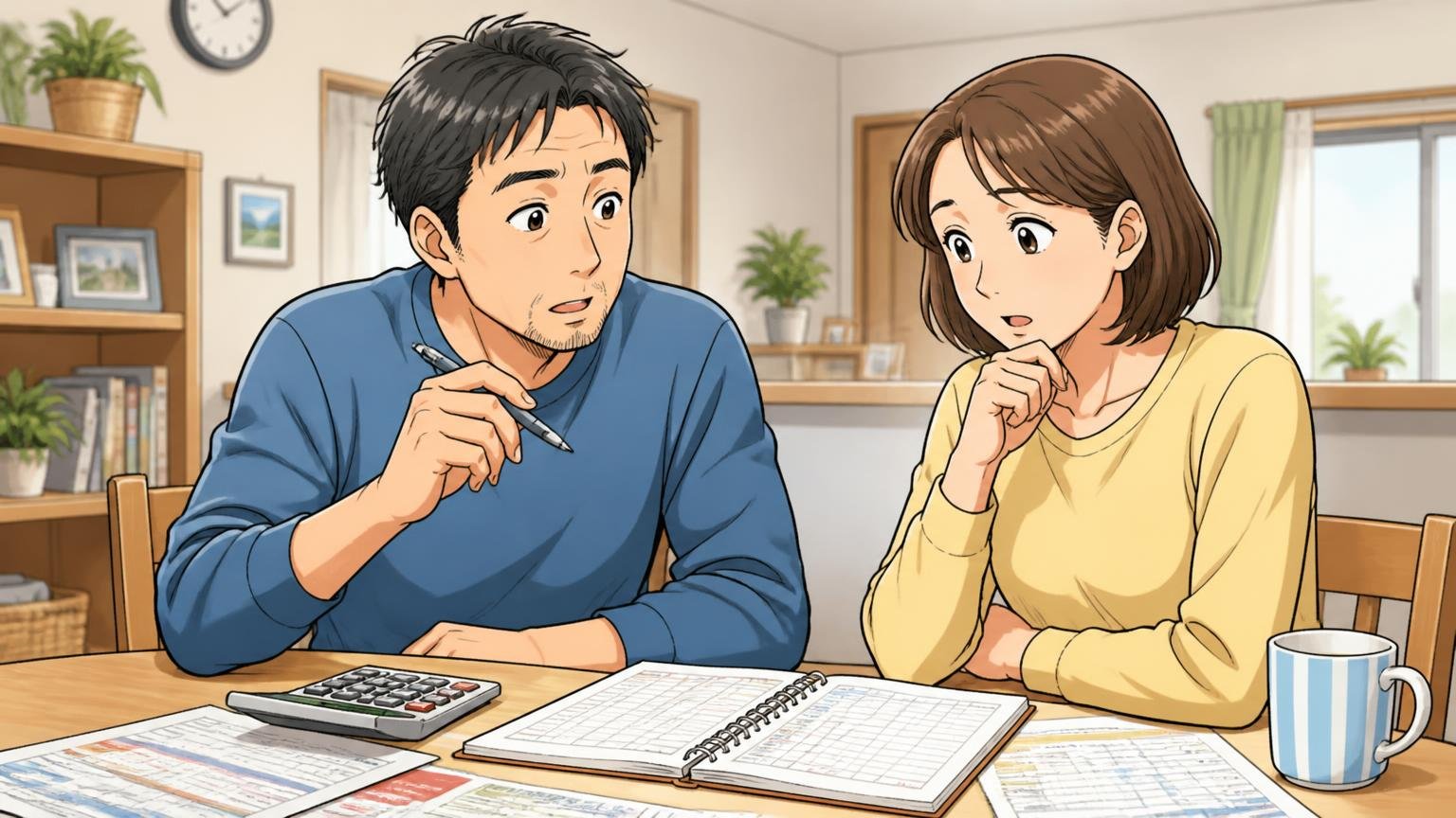 予算の上限を決めて「1年あたりのコスト」で考える、自宅のダイニングテーブルで妻と家計簿を広げる40代男性がペンを止めて相談する場面