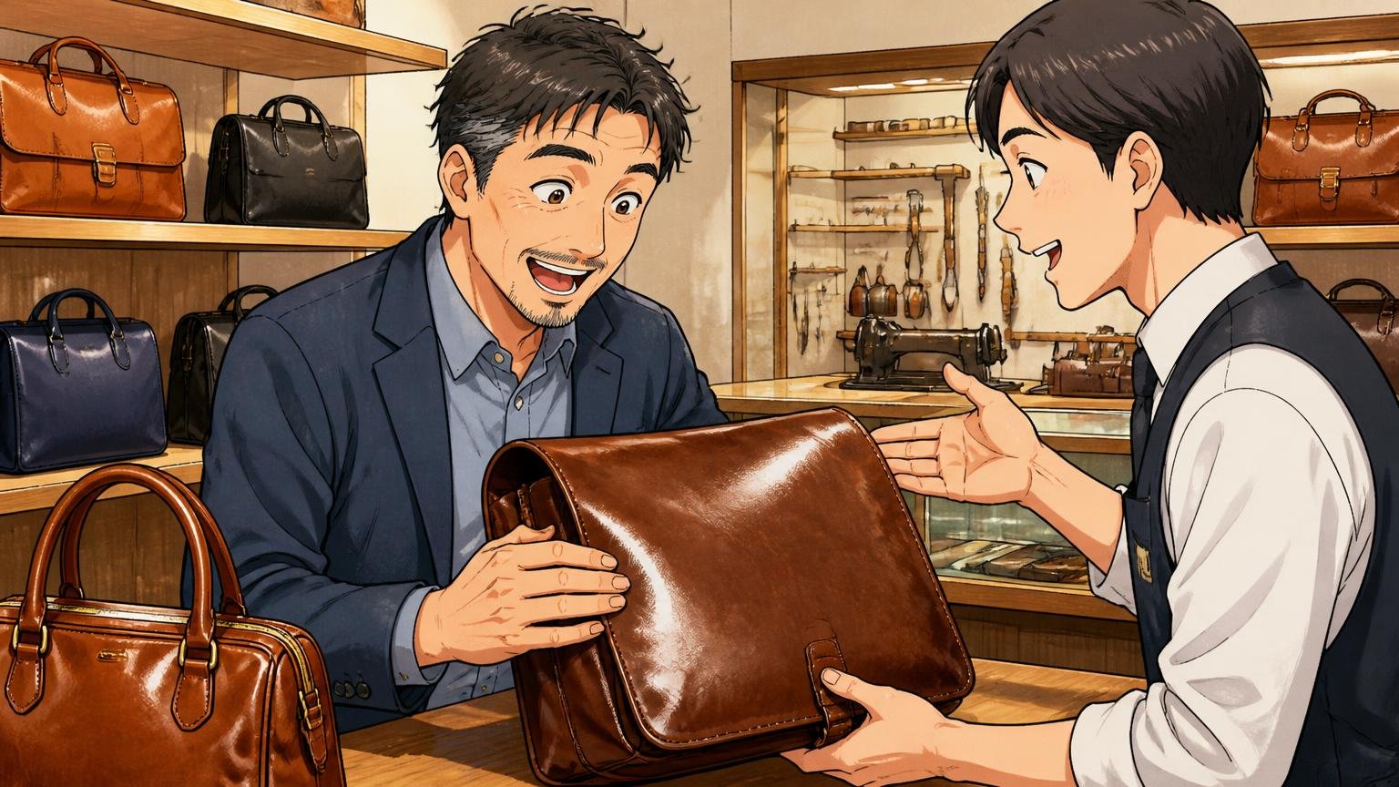 修理の受け皿と、実物を確かめられる場所があるか 革バッグのショールームで店員と40代男性が革の艶を手に取って確かめる場面