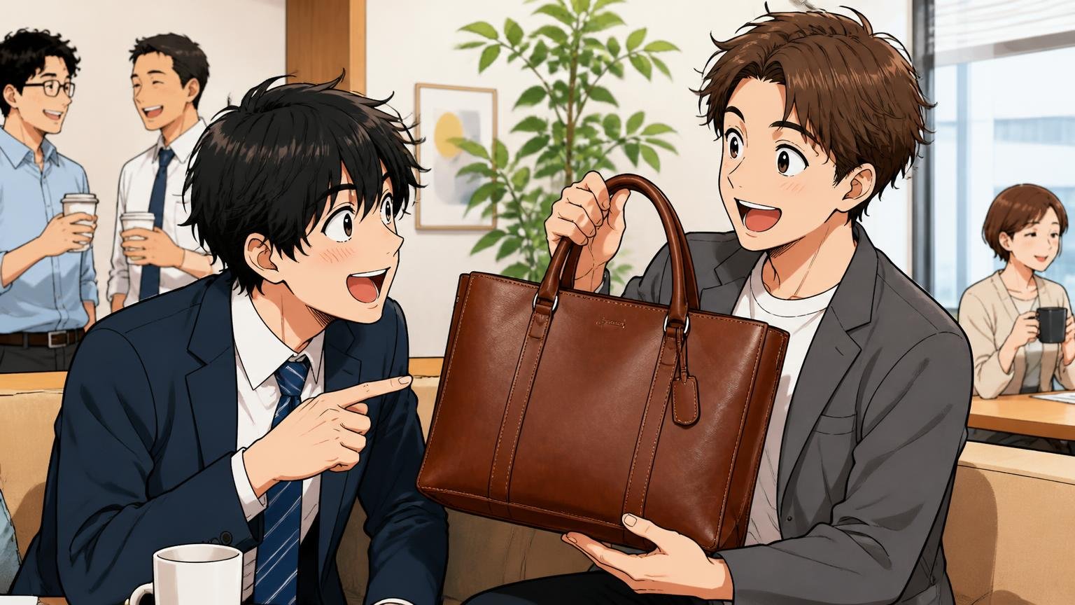 よくある質問 オフィスの休憩スペースで若手社員が先輩に革トートについて質問し笑い合う男性2人の場面