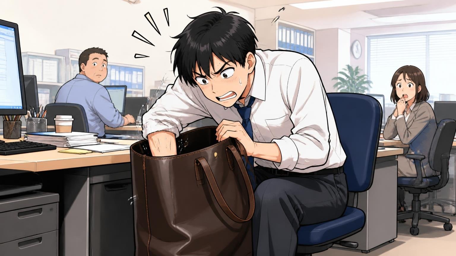 深いトートで底に手が届かない人こそ上の方に定位置を作る、オフィスのデスク脇で男性が深い革トートの底に腕を入れて苦戦する場面