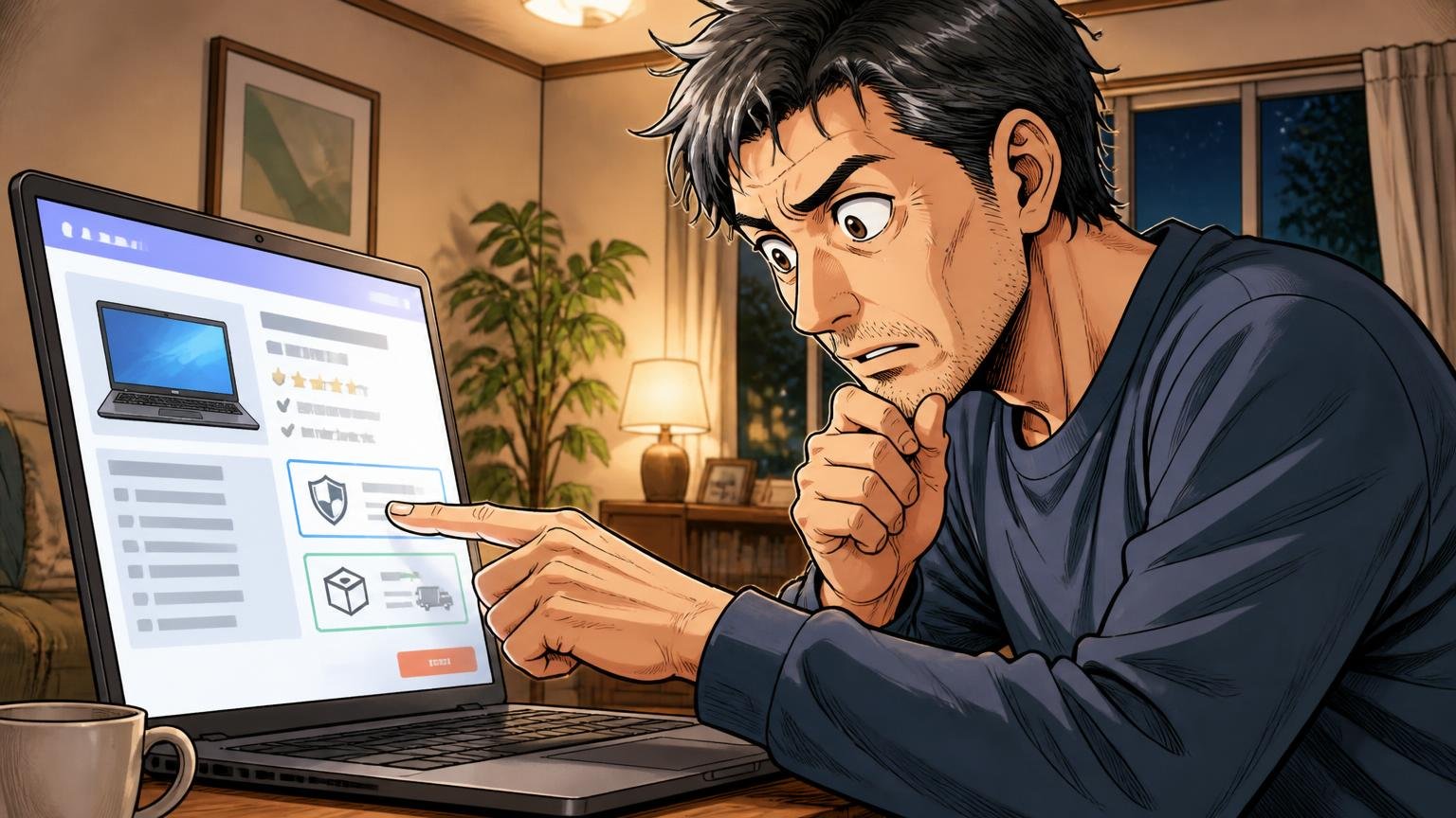 保証が付く購入先と、返品・送料の条件を確かめる、夜のリビングでノートPCの購入画面を確認する40代男性1人が保証の欄を指でなぞる場面