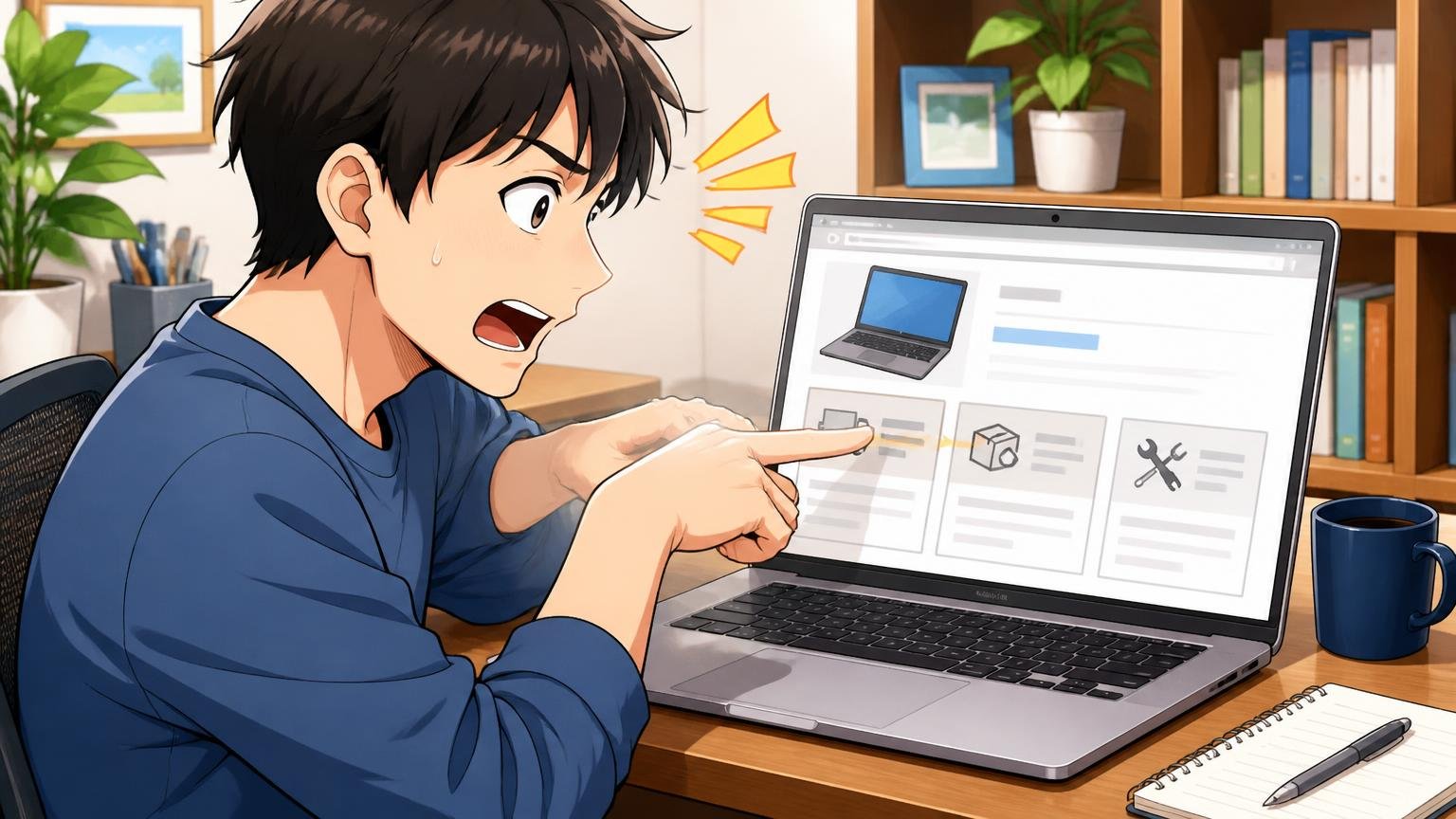 公式通販の送料・返品条件と、修理は購入前に確認を 自宅のデスクでノートパソコンの通販ページの返品条件を指さし確認する男性の場面
