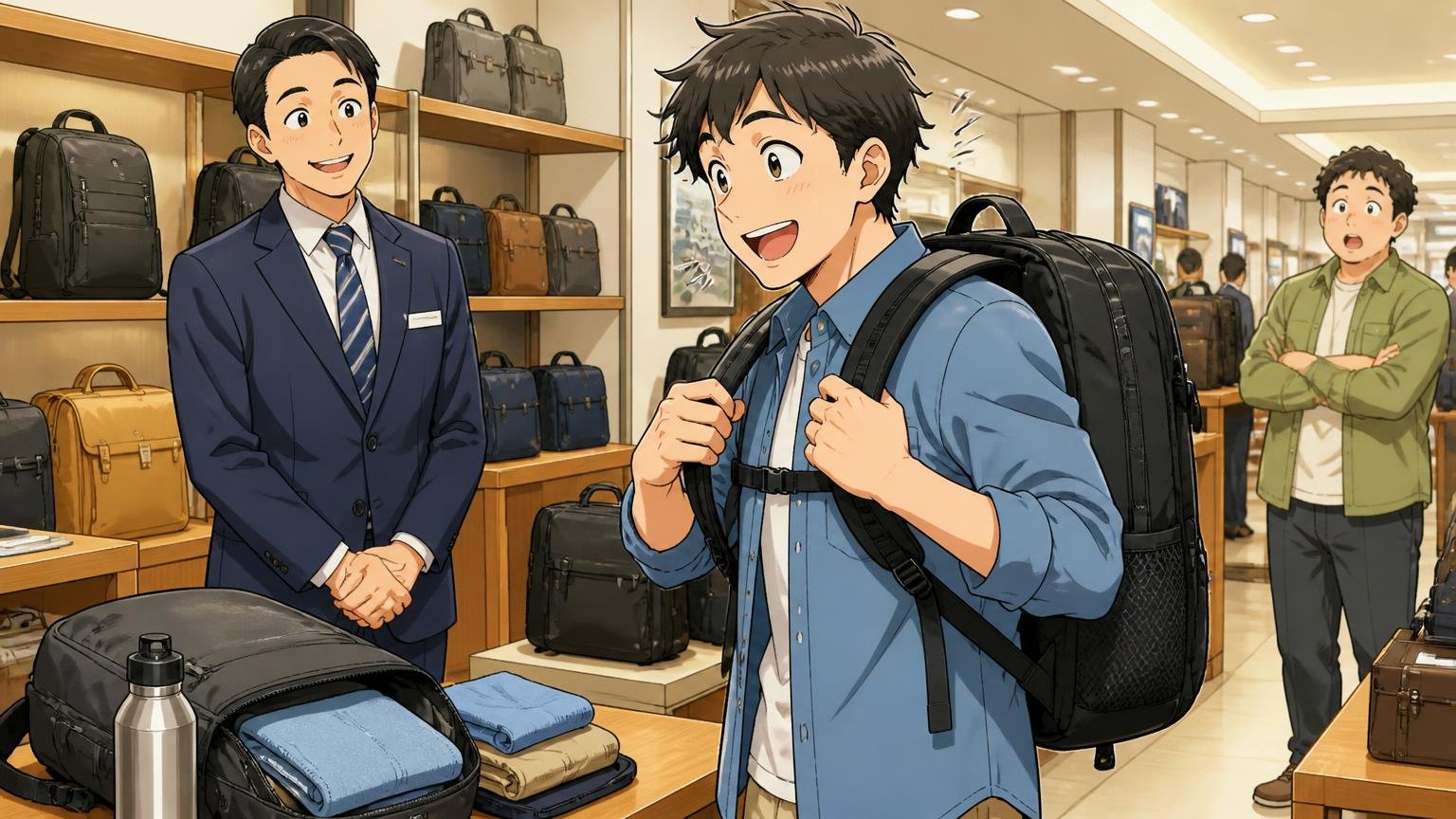 店頭でいつもの荷物を入れて背負いストラップの着脱を試す、百貨店の鞄売り場で店員に見守られながらリュックを背負う男性の場面