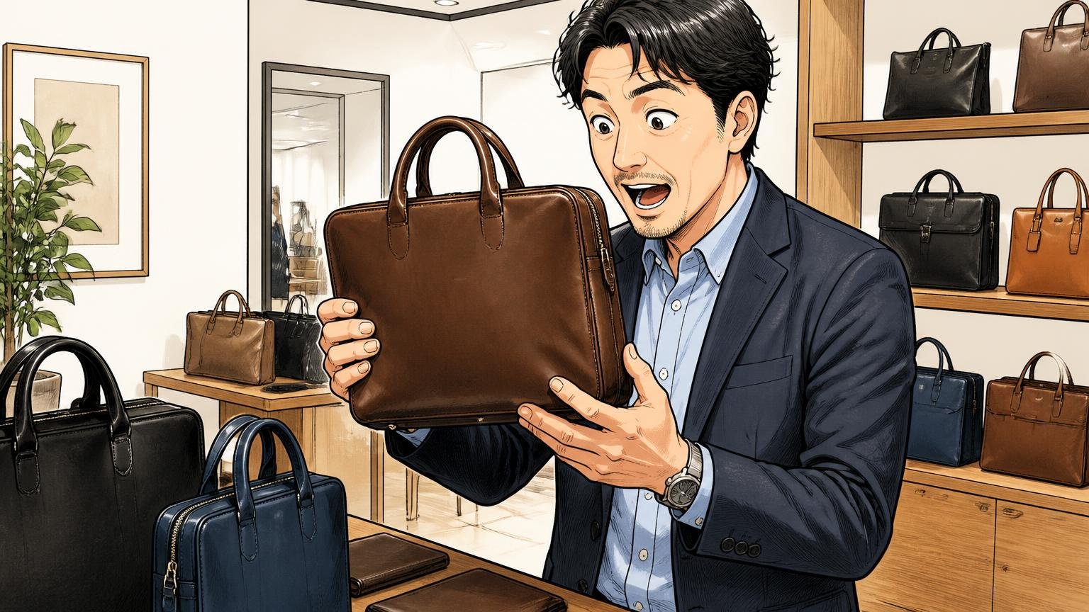 リュックの次の1本に、ロゴで主張しない日本製の革バッグブランド3選、ショールームで40代男性1人が革のビジネスバッグを手に取り感動する場面