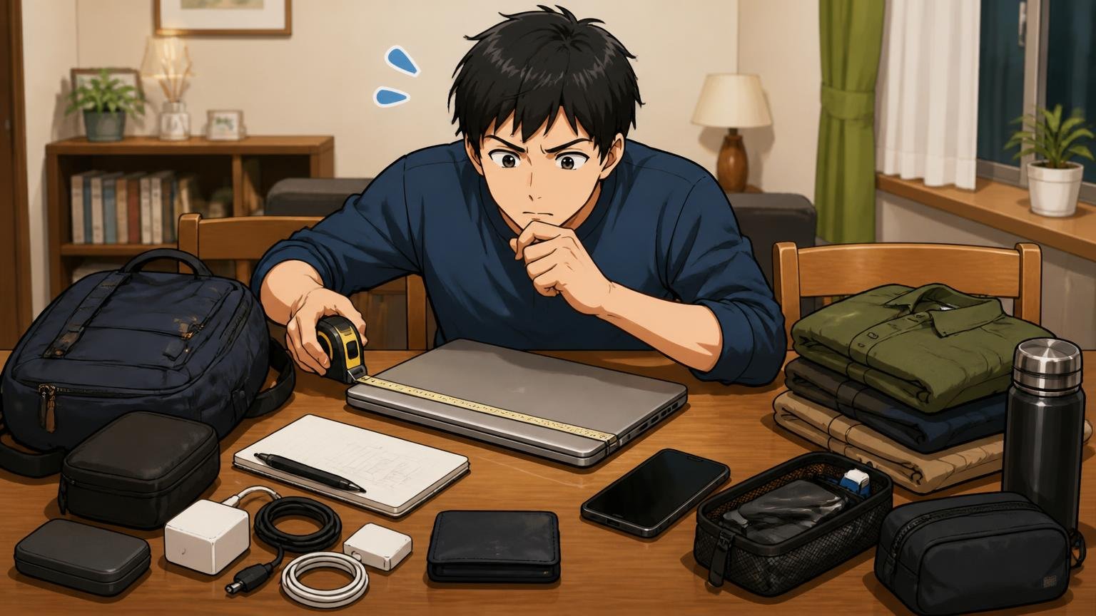 PCと毎日の荷物の寸法・重さを測っておく 夜の自宅のダイニングで男性がメジャーでノートPCの寸法を測り、荷物を並べて考え込む場面