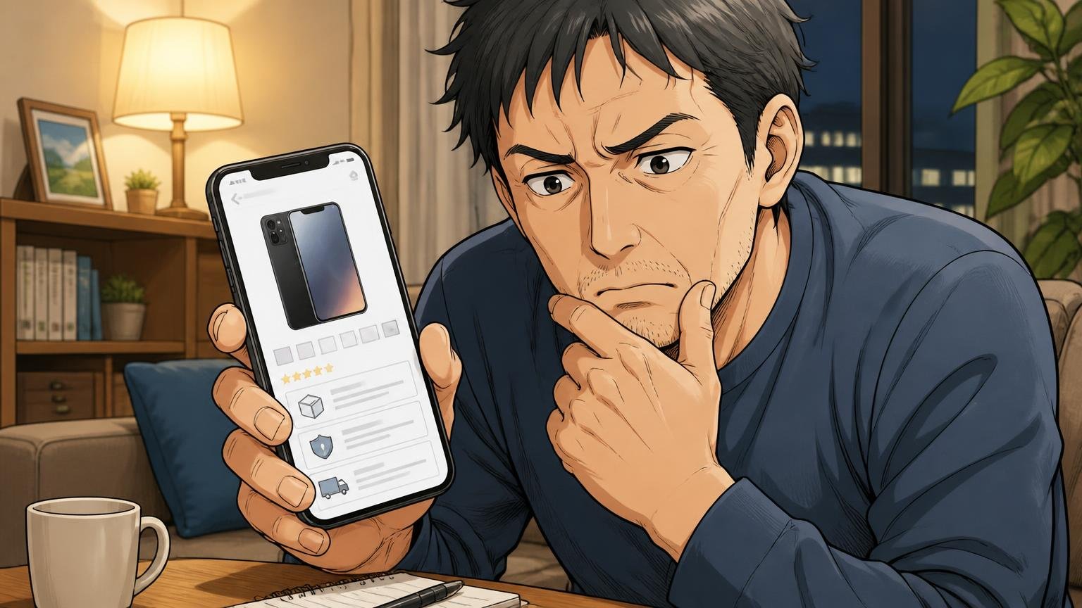 通販で買うなら「返品条件」と「保証の範囲」を先に読む、夜のリビングでスマホの購入画面を前に指を止めて考え込む40代男性1人
