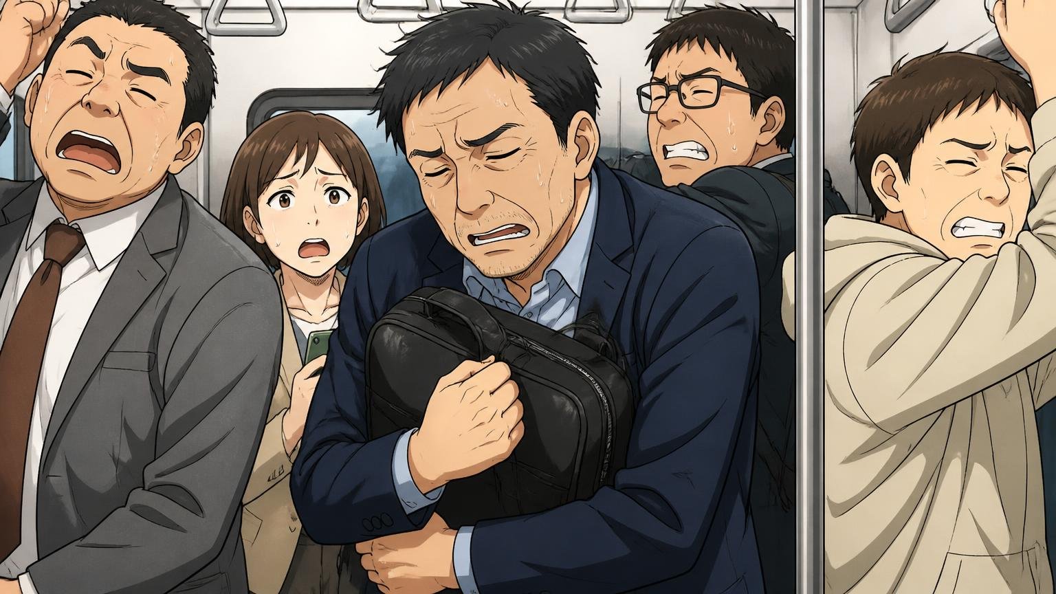 向いていない人|予算10万円以内・軽さ優先・ビジカジ中心の人、満員電車の中で重いバッグを抱えて疲れた表情を見せる40代男性1人と周囲の乗客3人