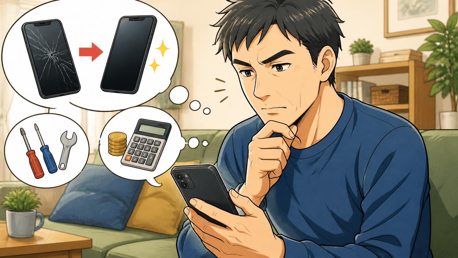 修理の条件と費用の目安：どこまで直せるか。自宅のソファでスマホの修理案内ページを読み込み、真剣にうなずく40代男性1人