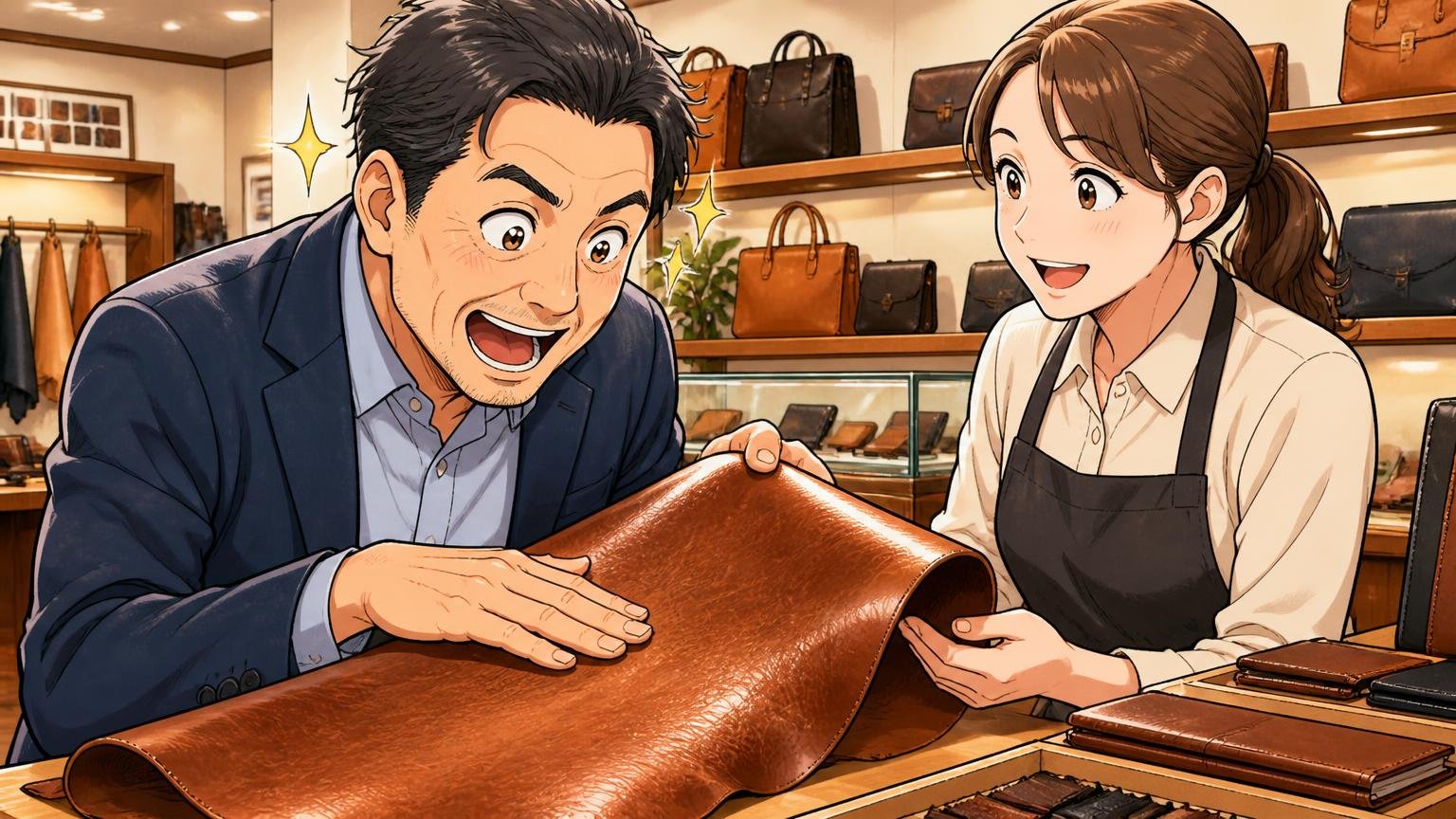 公式サイトと直営店・ショールームで実物を確かめる ショールームで店員と革の質感を確かめる場面 40代男性客と女性店員の2人 革をなでて目を輝かせる