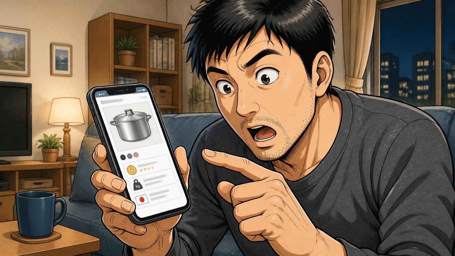 ステップ2|公式サイトで価格・重さ・生産国を確認する、夜のリビングでスマホの商品ページを確認する40代男性1人