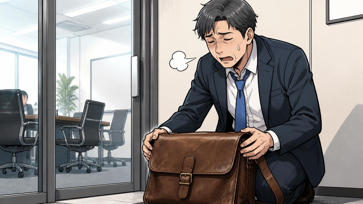 コルボのバッグが向いていない人 オフィスの会議室前で重い革バッグを肩から下ろしてため息をつく40代男性1人