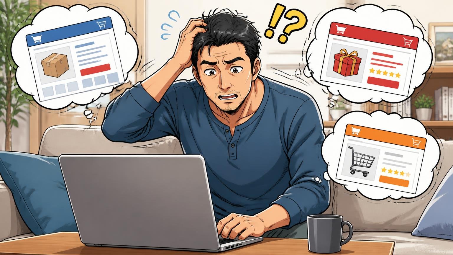 公式ストア・楽天・Amazon、どこで買うのがいい?、自宅のソファで、40代男性1人がノートPCで通販サイトを見比べて頭をかく場面