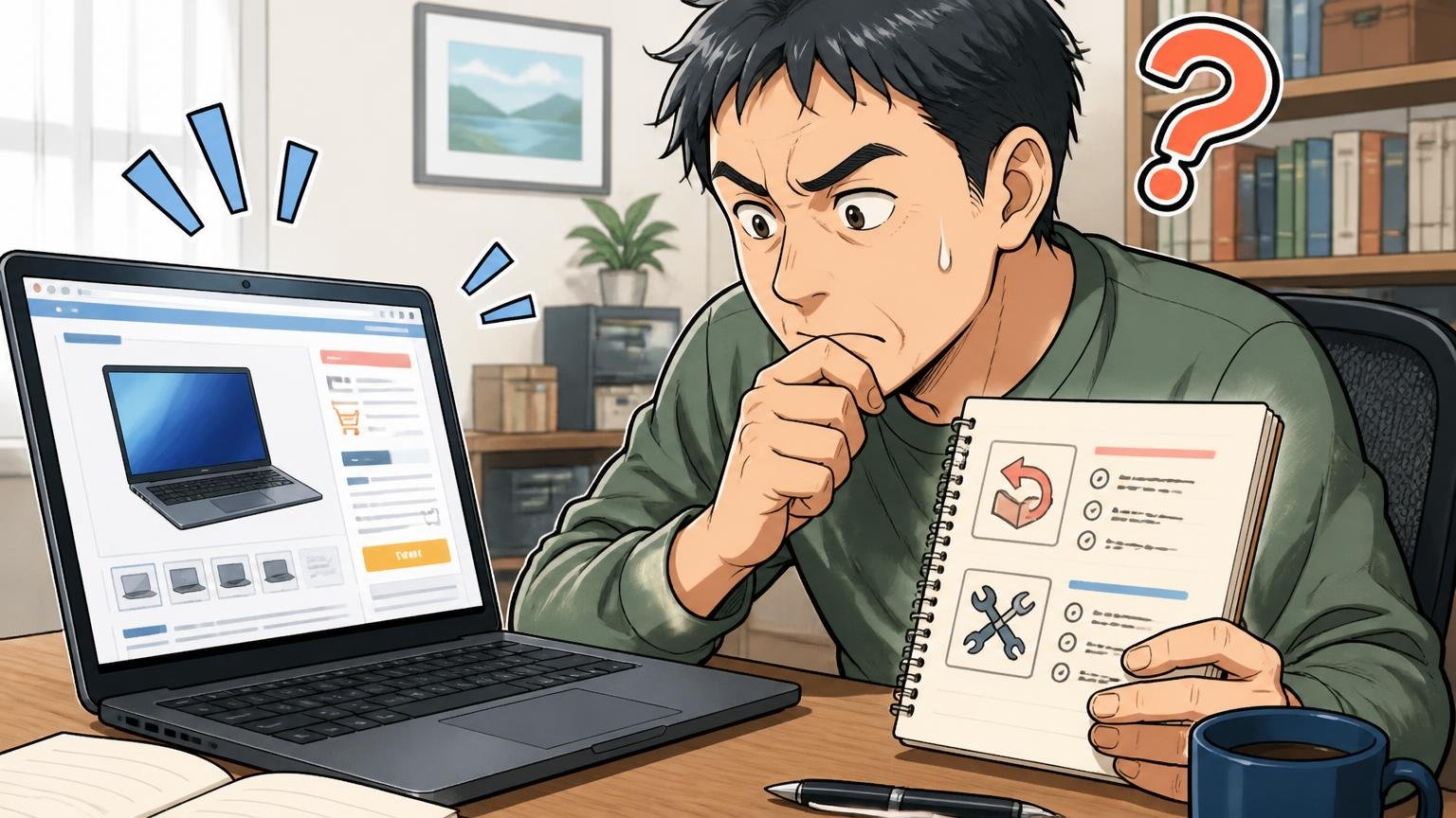 買い方で変わる「返品」と「修理保証」の条件を知っておく 自宅の書斎でノートパソコンの購入画面と条件のメモを見比べる40代男性1人が慎重に確認する場面