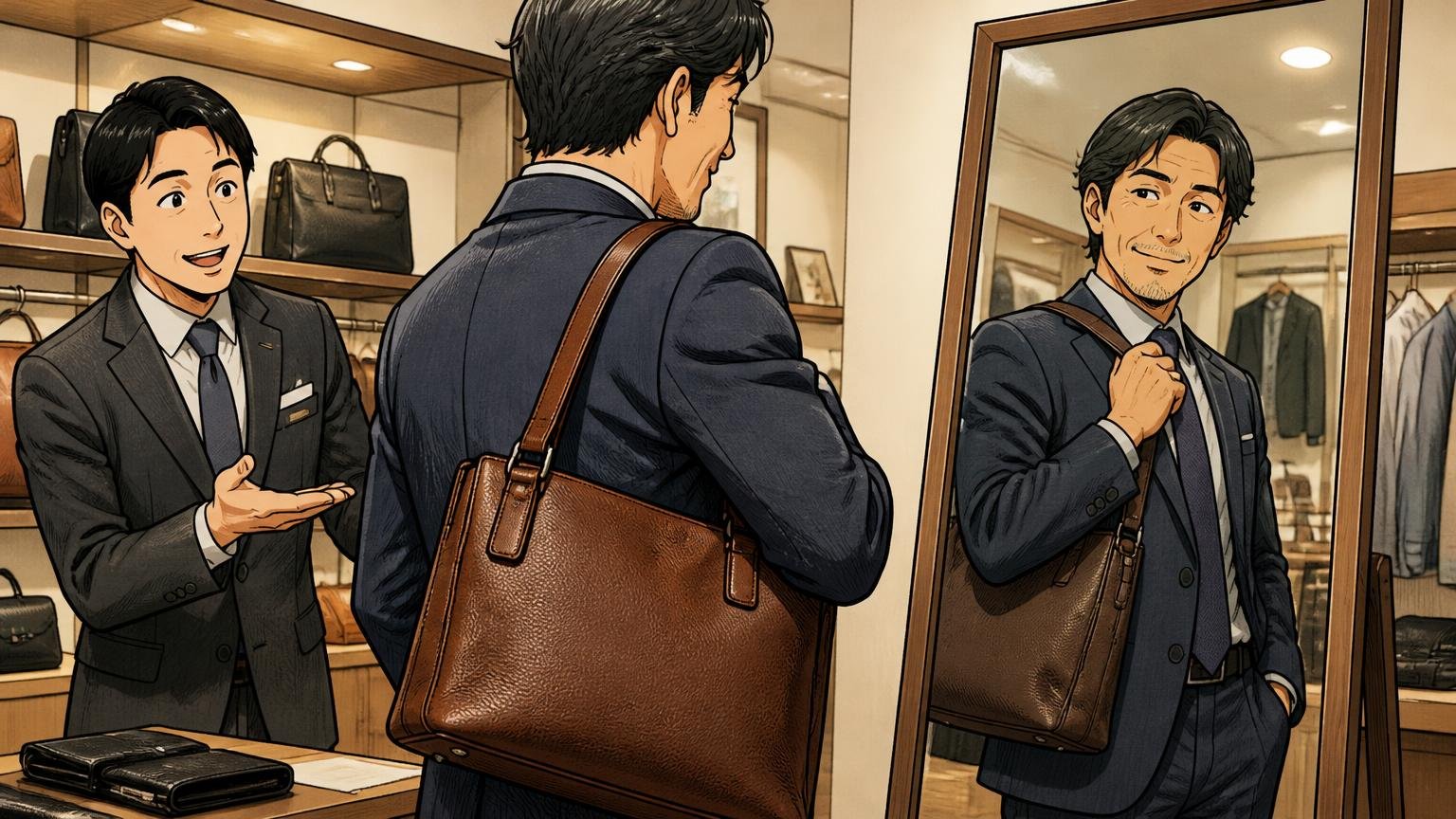 店舗で実物を持ち服装との相性を確認。直営店の鏡の前でスーツ姿で革バッグを肩にかける40代男性と店員の2人