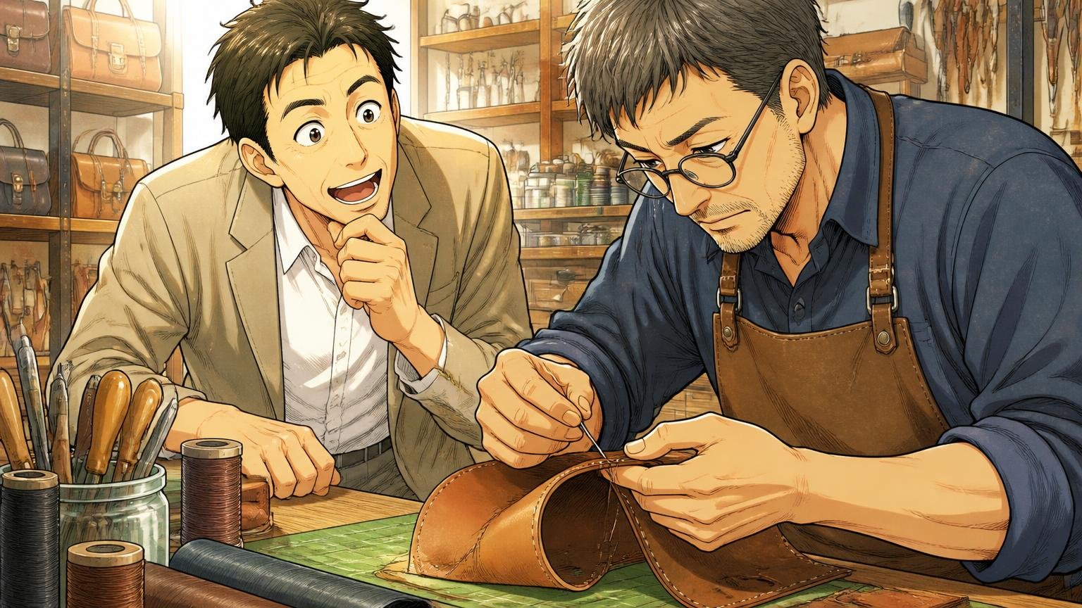 判断軸②どこで、誰が仕立てたか(生産国と生産体制) 革工房の作業台で職人が革を縫い上げる手元を見学して感心する40代男性と職人の2人