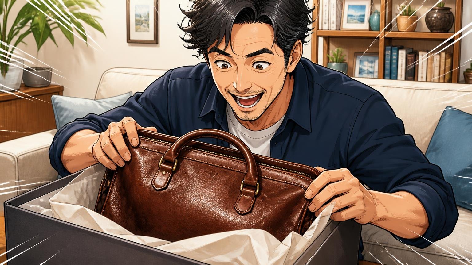 軽さより「革の格」で選びたい40代が候補に入れたい、日本製の革バッグブランド3選 自宅リビングで届いた革バッグの箱を開けて目を輝かせる40代男性1人