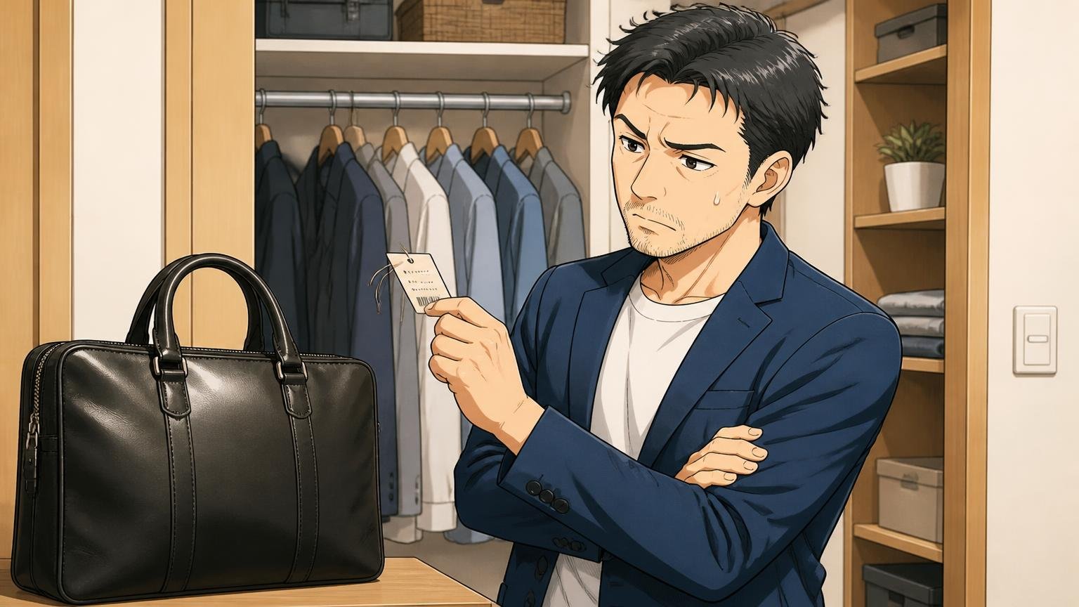 土屋鞄のビジネスバッグが向いていない人 自宅のクローゼットの前で値札とバッグを見比べて悩む40代男性1人が腕を組む場面