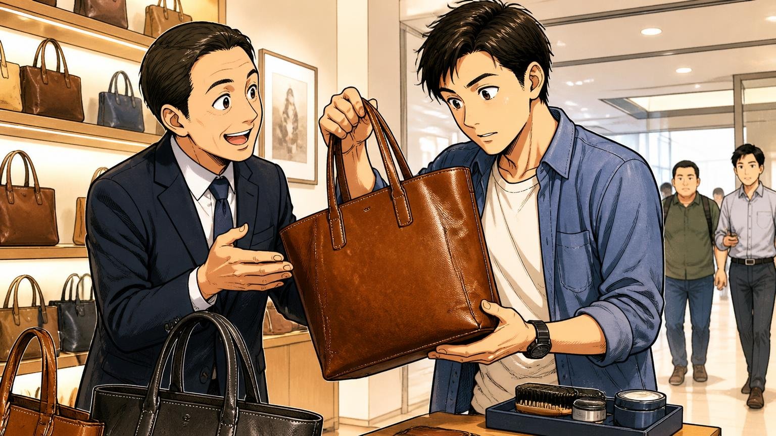 ステップ2｜取扱店で実物に触れ、返品・修理の条件を確かめる 駅ビルのバッグ専門店で、店員と一緒に革トートの重さと色を確かめる男性1人