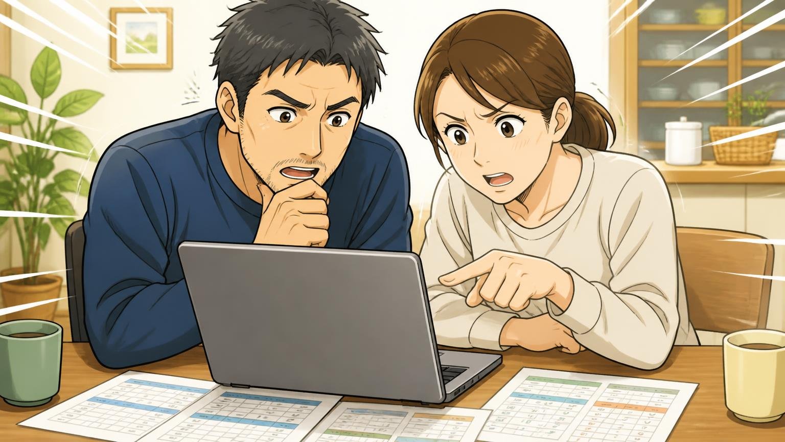 修理・送料・返品の条件まで比べる 自宅のダイニングでノートPCの公式サイトを比べる40代夫婦2人が真剣に話し合う場面