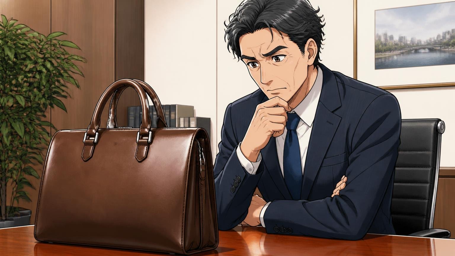 向いていない人：「日本製」「品格」「10年単位の修理体制」を最優先したい人、商談室で革のビジネスバッグを前に腕を組み考え込む40代男性1人